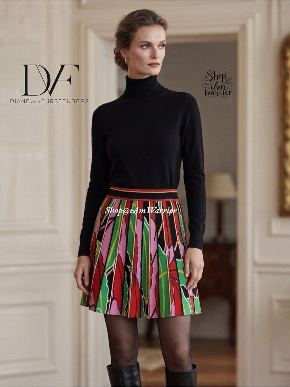 Diane von Furstenberg Bold Graphic Botanical Pleated Knit Pull-on Mini Skirt